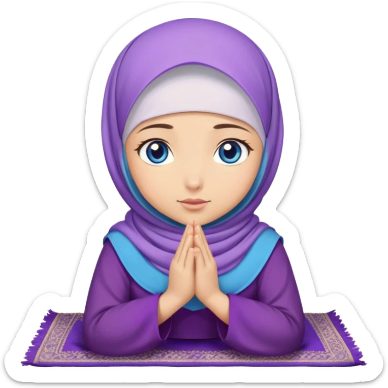 Turkish beautiful finish Konya girl blue eyes with hijab and purple dress praying on pray mat sticker