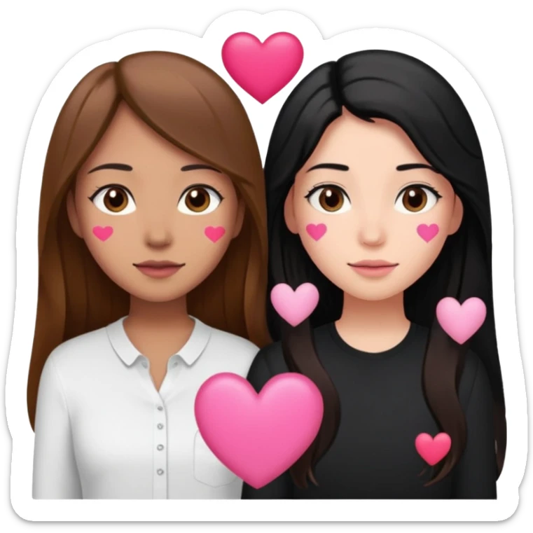 Dos mujeres juntas que una sea de color trigueña cabello largo castaño con una raya en medio polo blanco y de color blanca cabello largo negro polo negro, y tengan un corazones rosados pequeños  arriba sticker