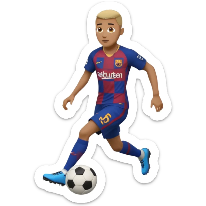 Lamine Yamal dribbling a football, in the 2025 Barca kit, iOS style emoji, HD, precise, dynamic action sticker