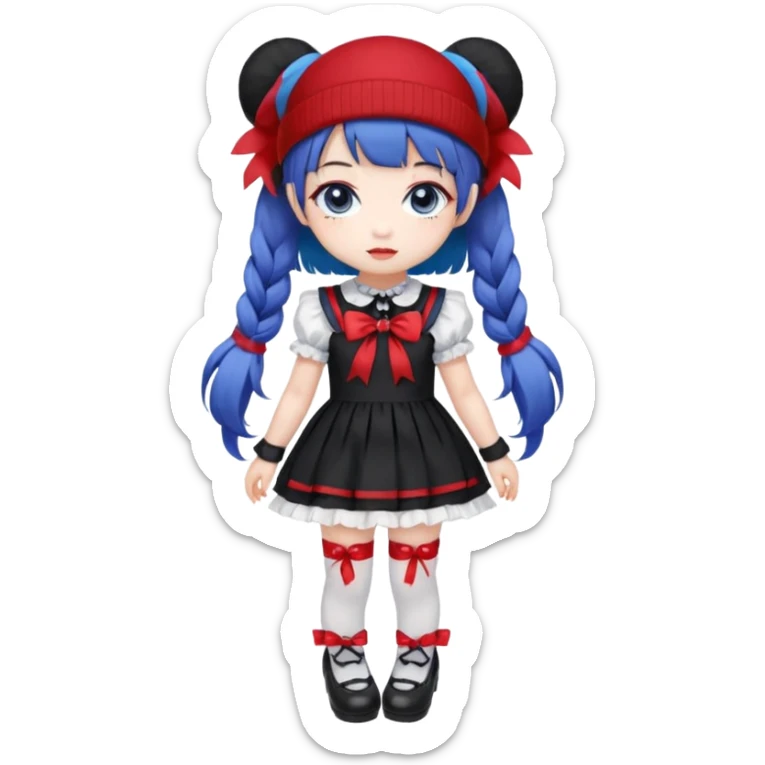 Chibi kawaii girl, violet eyes, black-blue twin tails, red ribbons, red beanie, black & white lolita dress with red accents, white thigh-highs, black mary janes, cute aesthetic. sticker