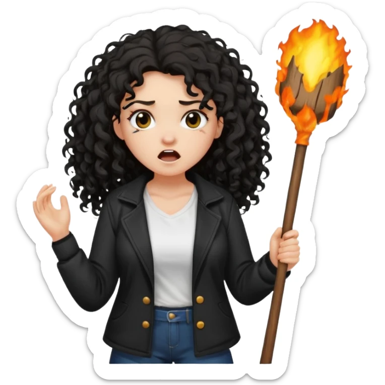 Hej, proszę wygeneruj mi emoji która przedstawia kobietę biała karnacja długie czarne kręcone rozczochrane włosy lekko grubsza, ubrana jest w białą koszulkę oraz czarną rozpiętą kurtkę jest w furii trzyma w rękach wielki badyl sticker