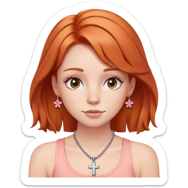Auburn ginger haired girl with eyelashes wearing a cross necklace and a light coral pink tank top sticker