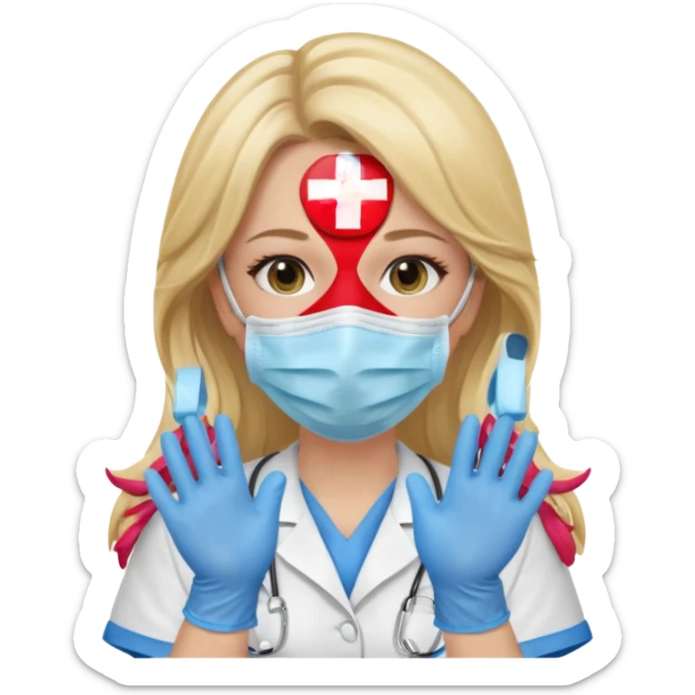 enfermera rubia con pelo largo, con mascarilla y guantes azules que aperezcan las dos manos, como las primeras imagenes que enviaste sticker