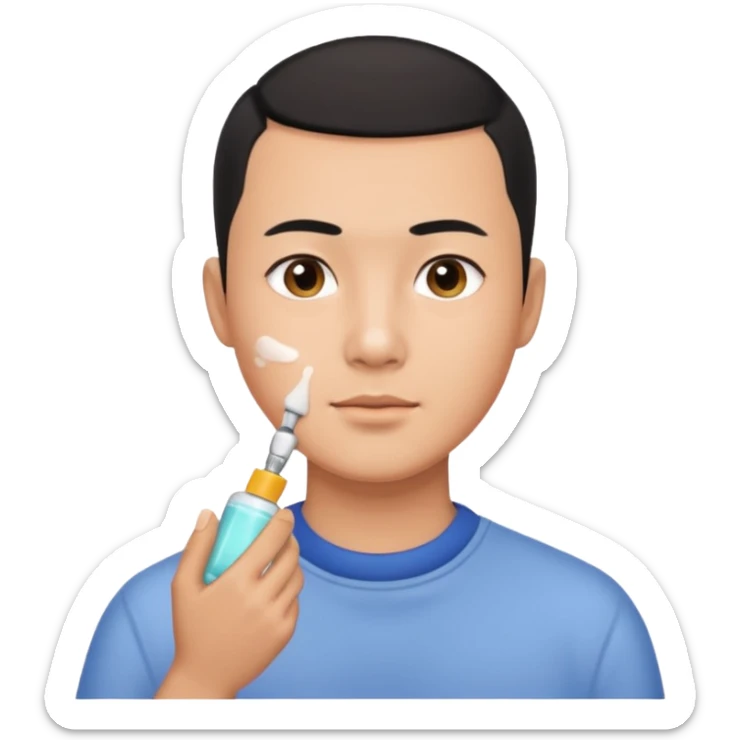 try different skincare products for chinese man with buzz cut (short black hair) doing skincare sticker