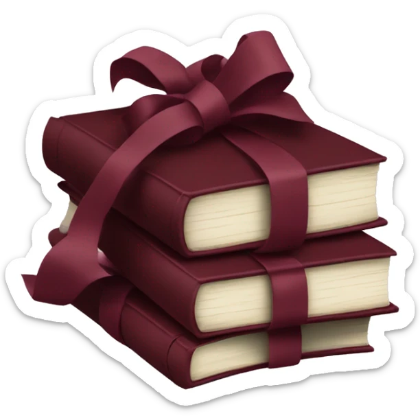 burgundy books stacked up and tied together by a burgundy bow sticker