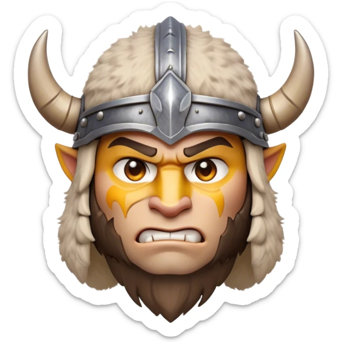 Cinematic Fierce Barbarian Portrait Emoji, Poised and bold with a rugged yet cartoonish build in tattered furs and a horned helmet, expressive bright eyes and a confident smirk, Simplified yet dynamic features, highly detailed, glowing with a vivid, adventurous aura, high shine, heroic and spirited, stylized with an air of medieval warrior charm, focused and energetic, soft glowing outline, capturing the essence of a fearless barbarian adventurer ready to lead his clan with spirited valor! sticker