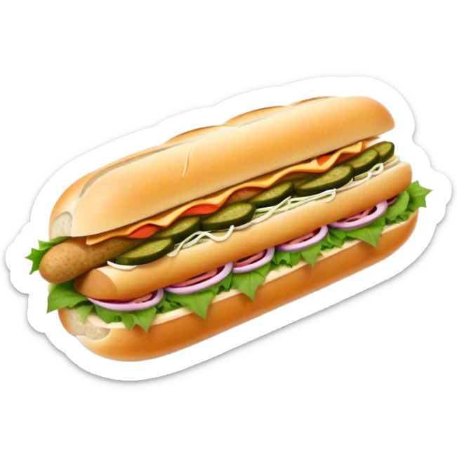 Cinematic Realistic B√°nh m√¨ Sandwich Dish Emoji, showcasing a crusty baguette filled with savory meats, pickles, and fresh herbs rendered with dynamic detail and appetizing lighting. sticker