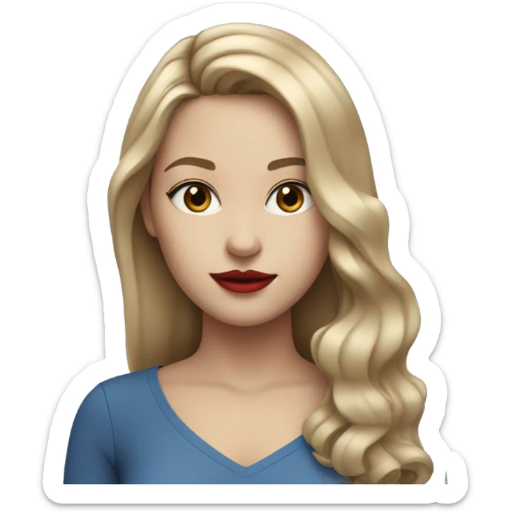 Girl with central line straight dark blonde hair and blue eyes with red lipstick and mascara sticker