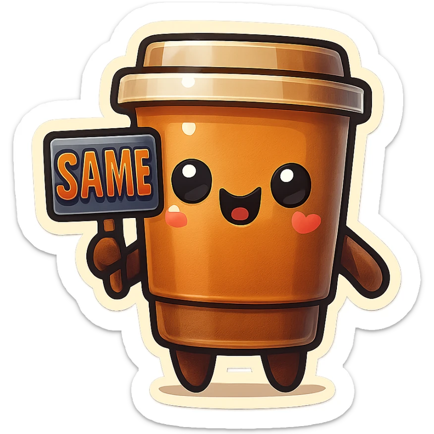 Tall coffee cup, holding sign "same" sticker