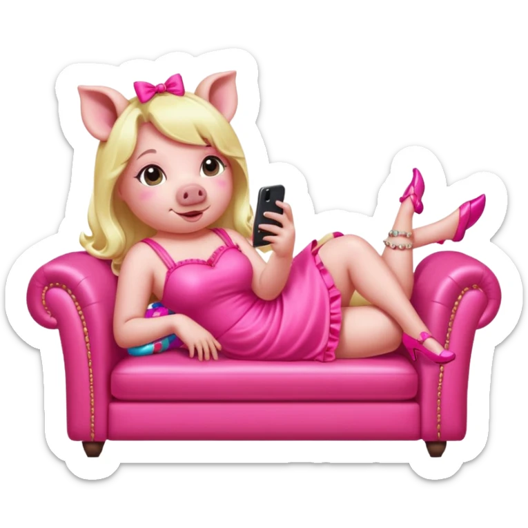 lady pig in neon pink kawaii dress reclining on couch scrolling on an iphone and eating candy in opulence  sticker