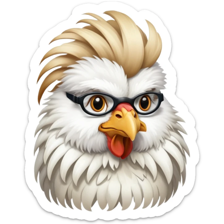 A White Silkie Bantam rooster dressed like a doctor.  The head feathers look like a large, fluffy wig.  sticker