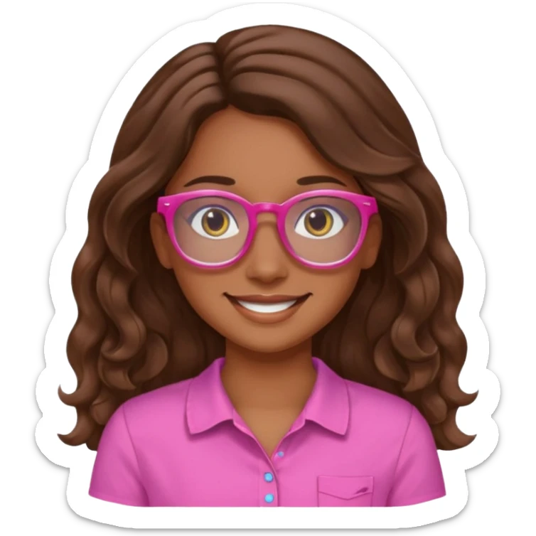 Una chica color de piel sea morena ligado con blanco ojos cafés una sonrisa 🙂 cabello largo ondulado y café camisa de color rosa y lentes de ver azules  sticker