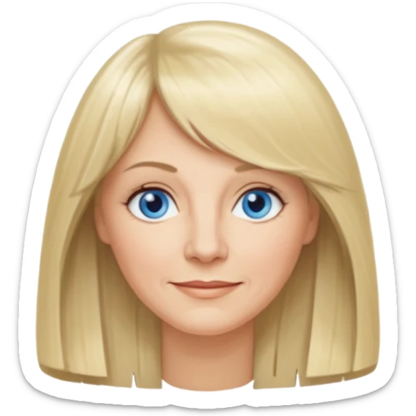 50 yr old white woman, curtain bangs, very long straight blond hair, oval face, small smile, blue eyes, thin face, hair down to elbows, round cheeks, pale sticker