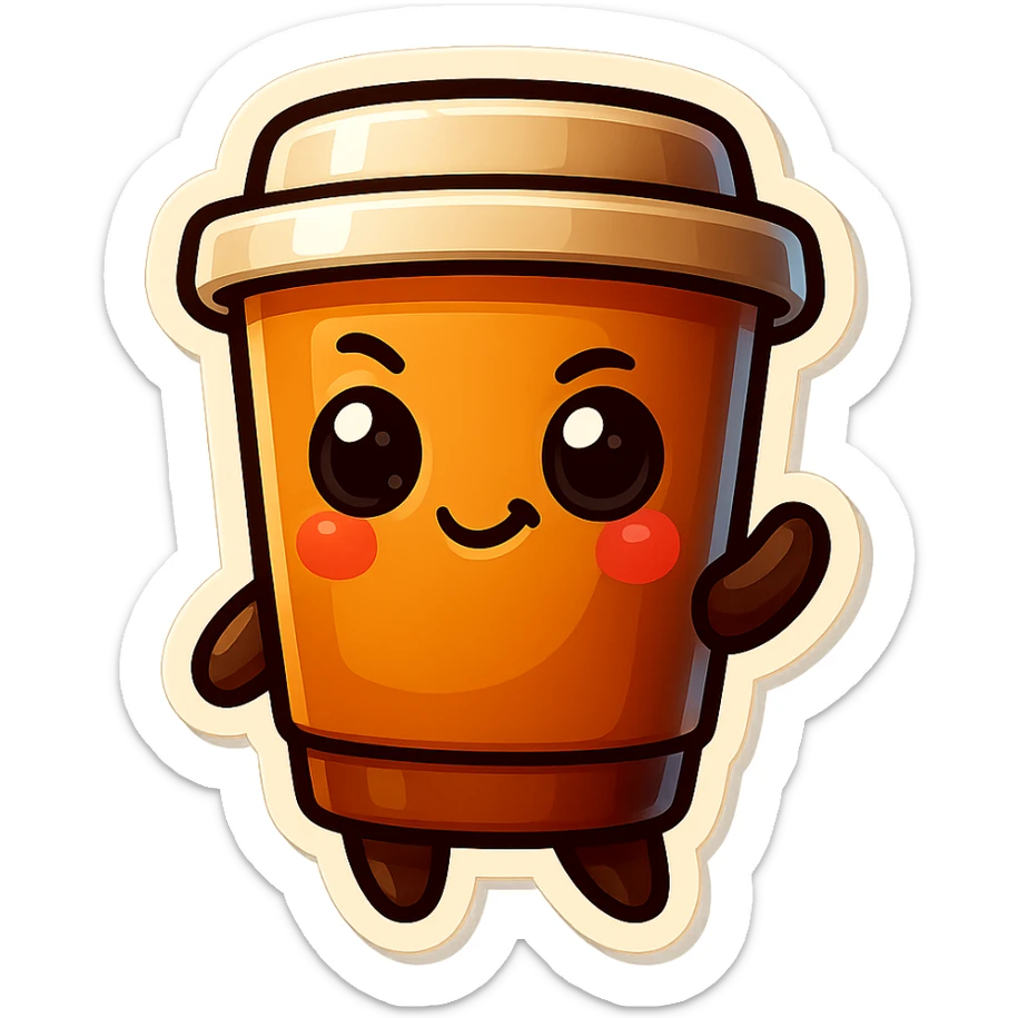 Tall coffee cup, mischievous eyes, thinking sticker