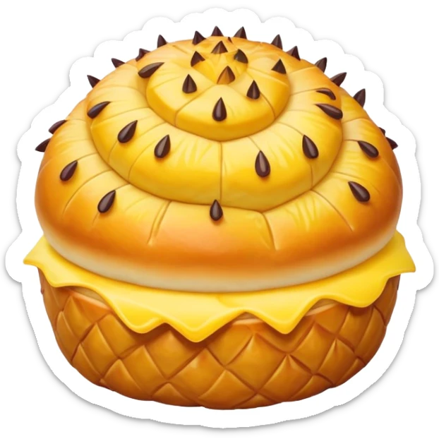 Chinese pineapple bun with crispy yellow top crust, simplified emoji style with bold outlines and bright colors, cartoon style Bo Lo Bao pastry sticker
