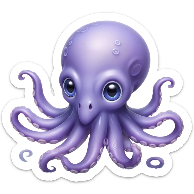 Cinematic Noble Baby Octopus Portrait Emoji, Poised and graceful, with a soft, rounded, slightly translucent body in a dreamy light blue-purple hue, large, glistening eyes full of quiet intelligence and mystery, delicate, flowing tentacles curling gently, Simplified yet sophisticated features, highly detailed, glowing with a soft, ethereal oceanic radiance, high shine, elegant and serene, stylized with an air of deep-sea wonder, focused and tranquil, soft glowing outline, capturing the essence of an otherworldly, intelligent little cephalopod, floating effortlessly in the gentle ocean currents! sticker