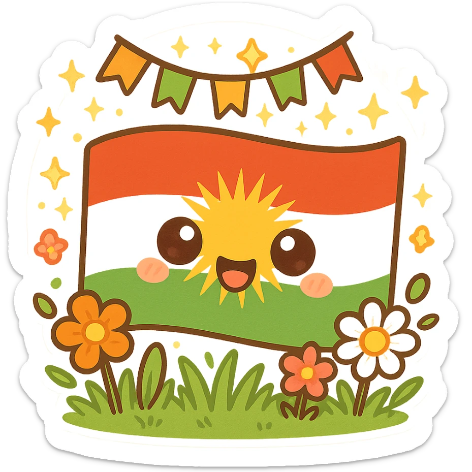 cartoonish and cheerful Kurdistan flag with Nowruz effects including flowers, green grass, and festive decorations, inspired by Kurdish cartoon sticker style sticker