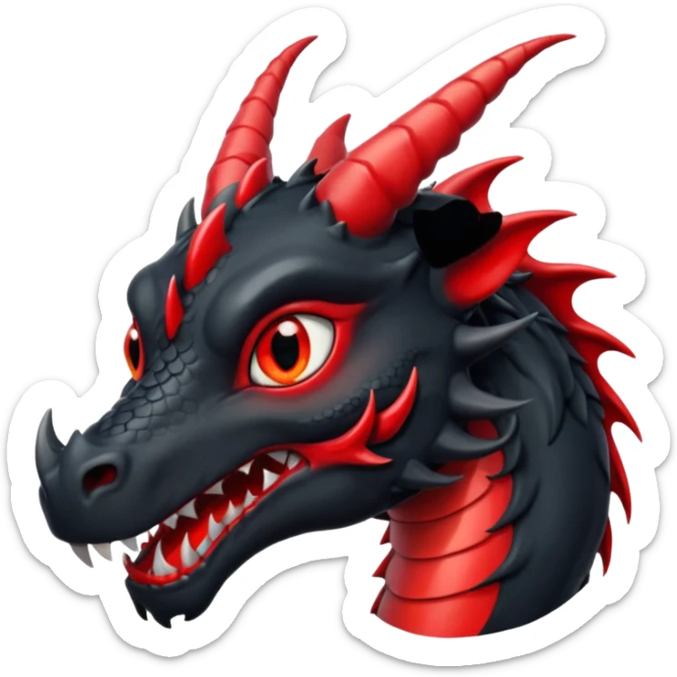Un dragon noir aux yeux rouges brillant, puis des grandes cornes noires, style anime sticker