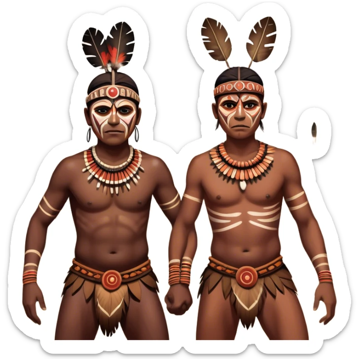 Cinematic Realistic scene of two indigenous male aboriginals performing an Aboriginal Corroboree, adorned in traditional body paint, captured in fluid motion with earthy tones and vibrant, cultural lighting sticker