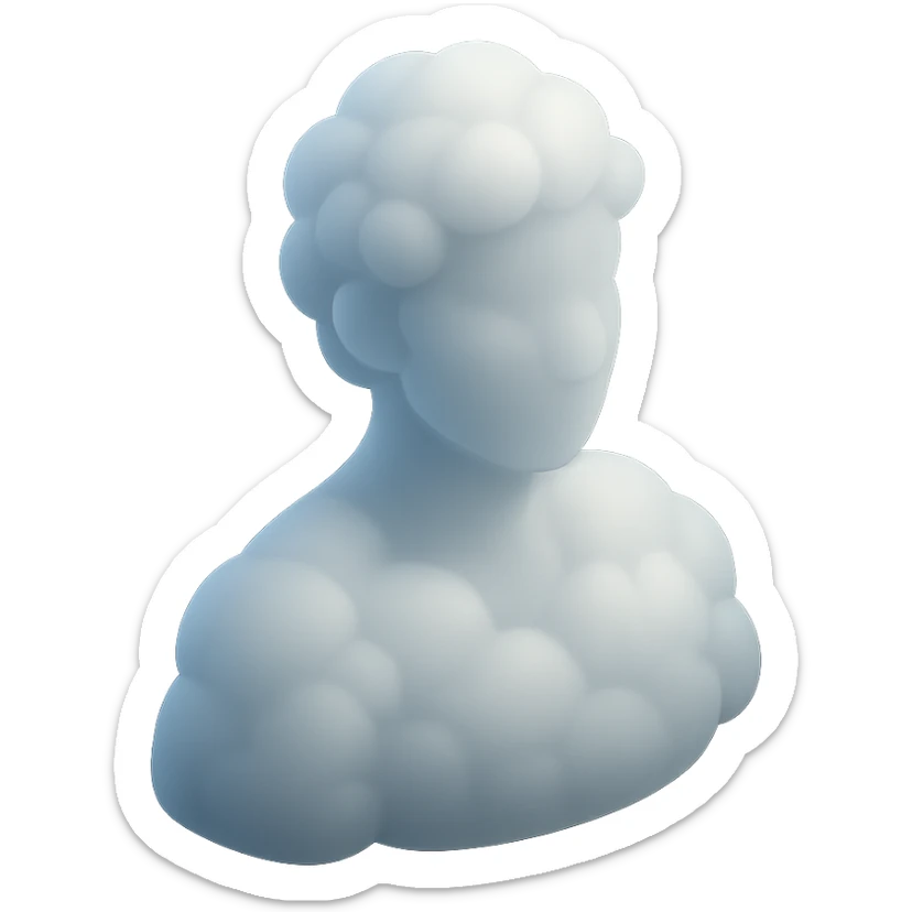 shoulder-up person fully made of white fluffy convex clouds, matte glass style, volumetric and soft clouds, airy and light appearance, clouds with slight transparency, no background sticker