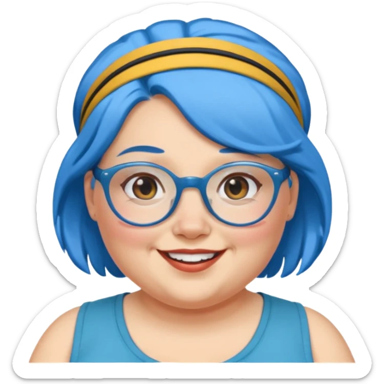 fat woman with blue hair and glassess and headband sticker