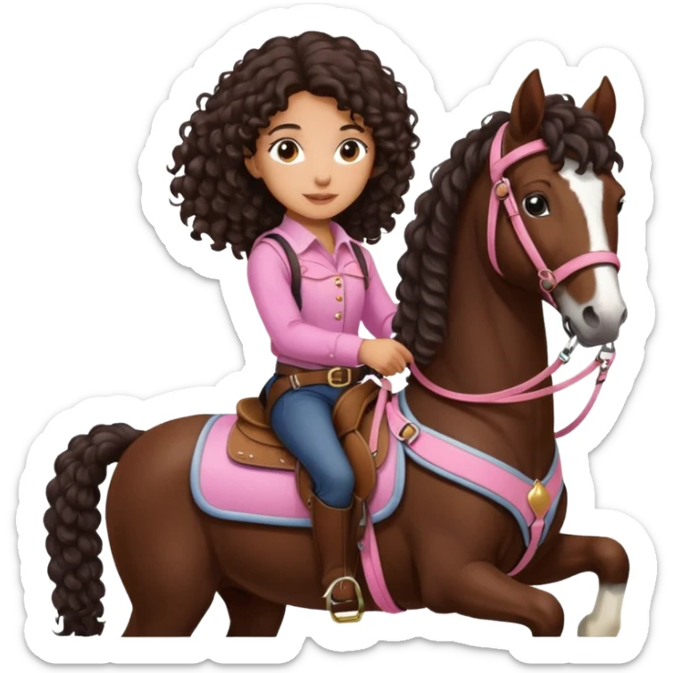 Realistic mixed race girl with long dark brown curly hair, riding a big shire draft horse, wearing pink harness and saddle  sticker