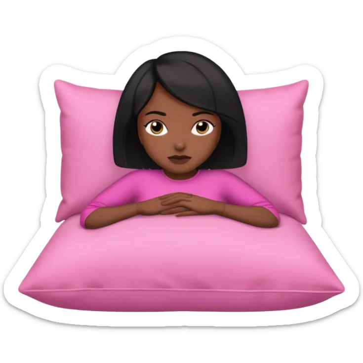 Dark skin woman with black bob in hair wearing pink laying head on pillow  sticker