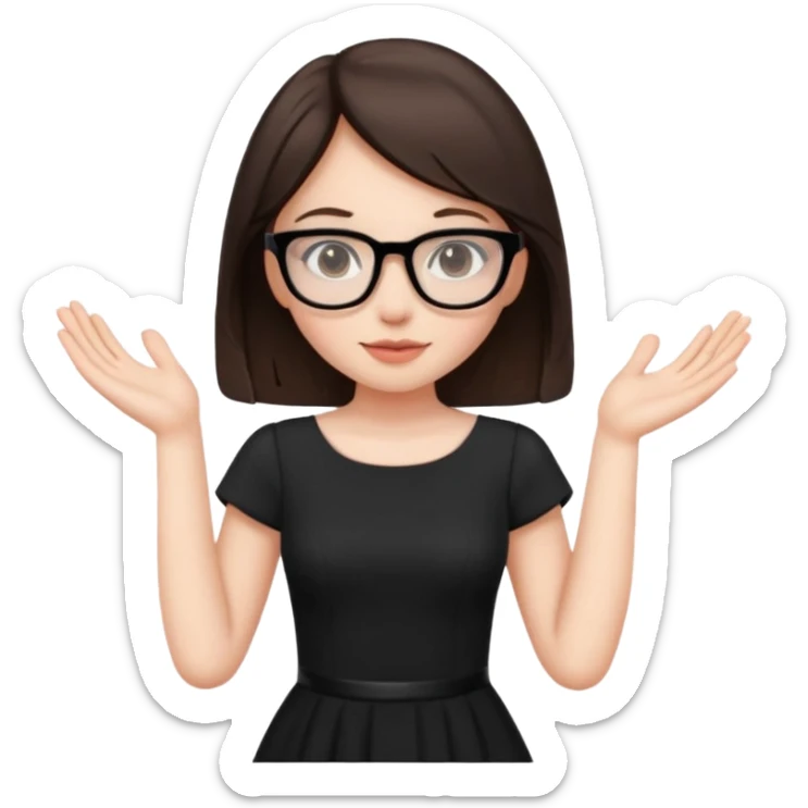 a cute brunette girl in a black dress wearing glasses  with two hands  sticker