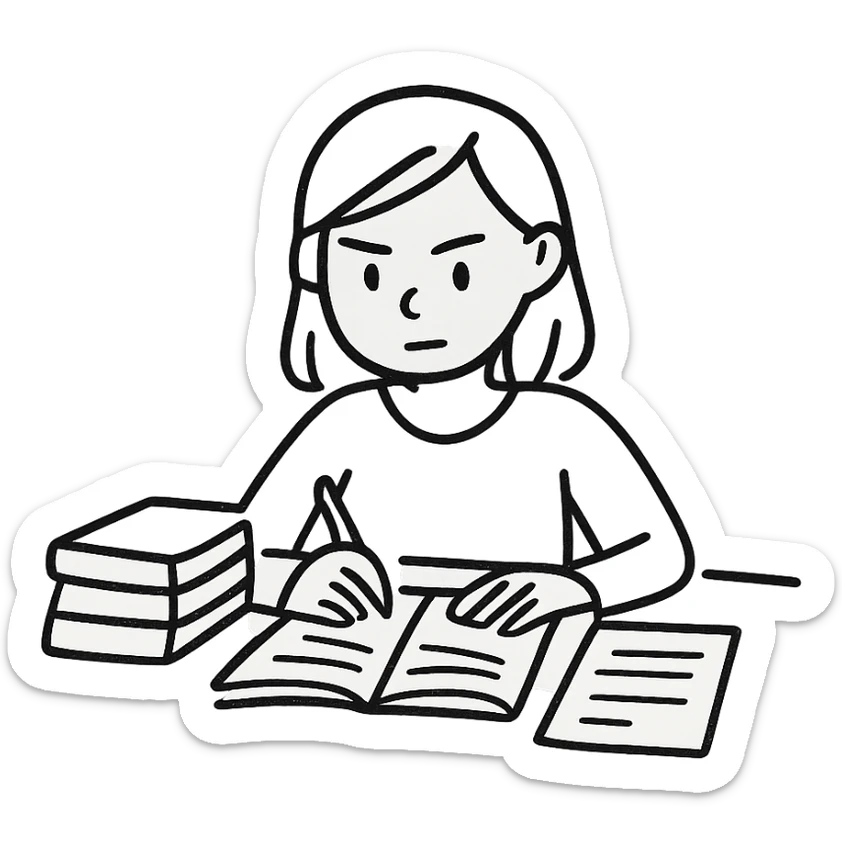 A girl preparing for exams, sitting at a desk with books and notes, looking focused and determined, in a minimalist line art style. sticker