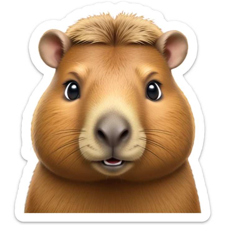 cinematic-noble-capybara-portrait-emoji,-poised-and-serene,-with-a-robust,-rounded-build-covered-in-soft,-earthy-fur-and-gentle,-wise-eyes,-simplified-yet-sharp-and-sophisticated-features,-highly-detailed,-glowing-with-a-warm,-natural-glow -simplified-yet-realistic head tilted confidently staring at the camera in a comical way sticker