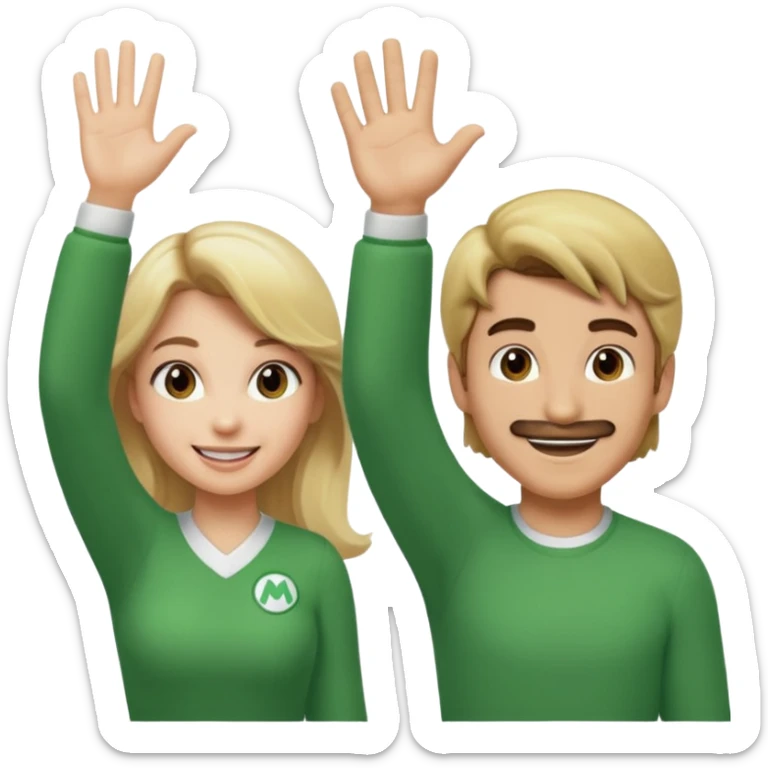 blonde female Luigi and a normal brown hair male mairo. They are friends! Maybe highfiving or just smiling sticker