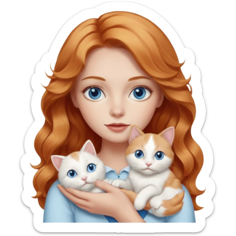 Long wavy strawberry blonde blue eyes woman with a white cat with blue eyes realistic  sticker