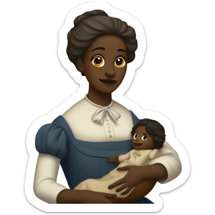 A 19th century woman with a child in her arms. There is a big letter "A" on the dress sticker