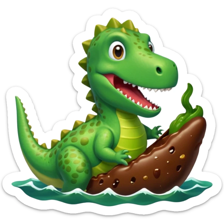 dinosaur eating a chocolate covered pickle in the middle of the ocean  sticker