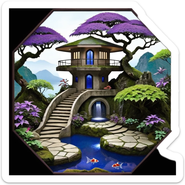 Alien saucer house jungle-vines precarious narrow stairway fountain koi pond mountain-island getaway nighttime landscape antique mudman very old broken cracked intricate Stone Age lapis-crusted irregular dodecagon-shaped shallow dark moss rough bark violet serissa flowered maple tree bonsai sticker