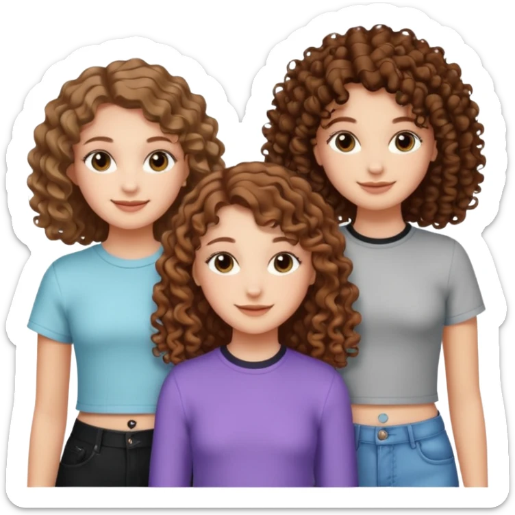 3 white girls, all of off this with brown hair but one whit straight one whit curly and one whit very curly(aesthetic)and chic clothes y2k, this girl have around 14 years sticker