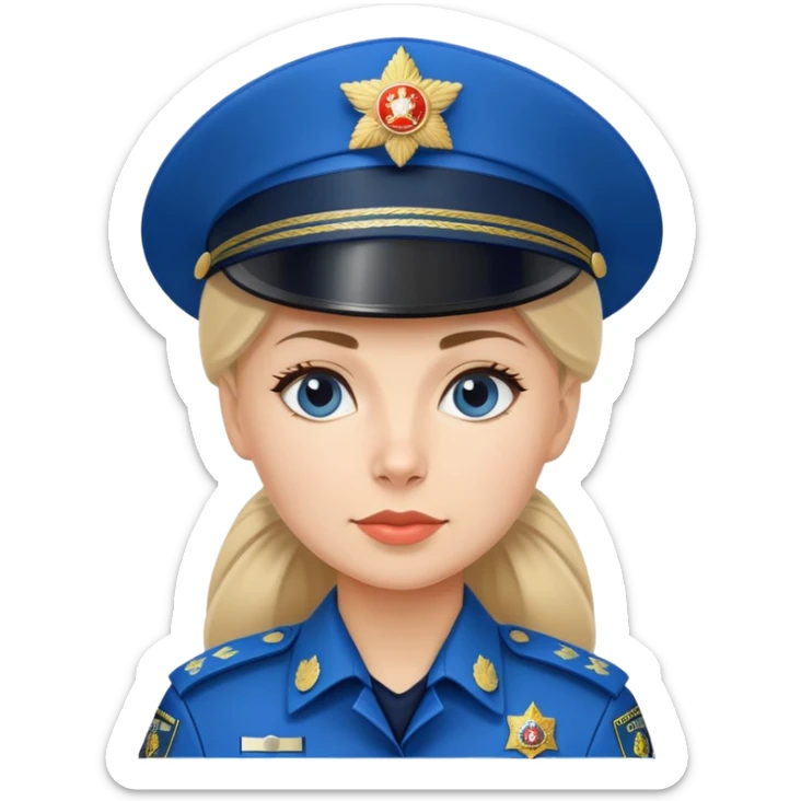 Female Russian police officer with traditional Russian police hat and blue uniform sticker
