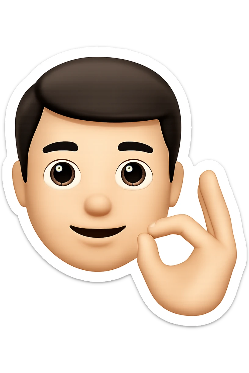 Edit the image to depict a man making an 'okey' hand sign in the style of apple emojis with normalized, natural-looking fingers. Maintain the apple emoji style but improve finger naturalness and normalization. sticker