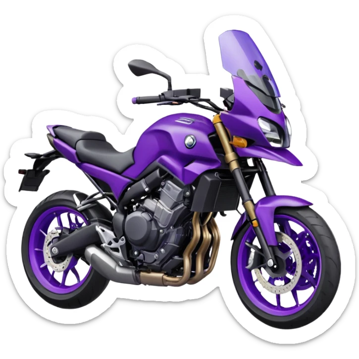 Créer un emoji avec une moto mt07 sport noir mate / violet iridescent très foncé, pare-brise de la moto violet. Avec une pilote dessus visière violet sombre visage caché . Avec fond arrière violet en arrière plan. sticker