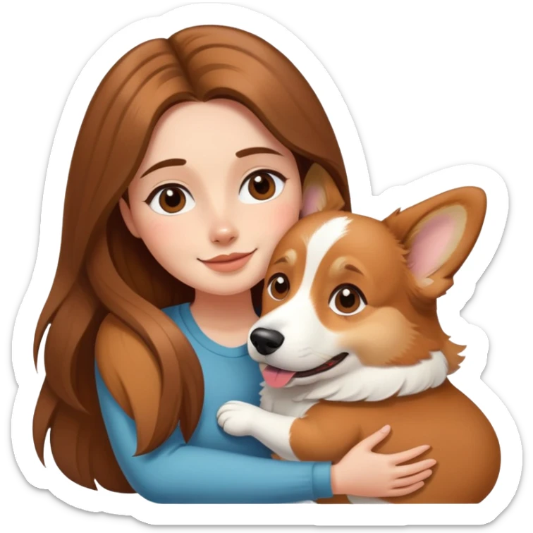 Girl with long brown hair hugs a corgi dog sticker