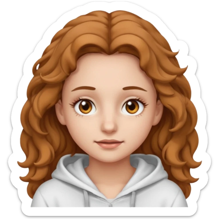 Una ragazza con una felpa semplice bianca,ha gli occhi marroni,i capelli marroni chiaro , c’è gli ha lunghi e ricci ma non troppo e ha le ciglia stile emoji apple sticker