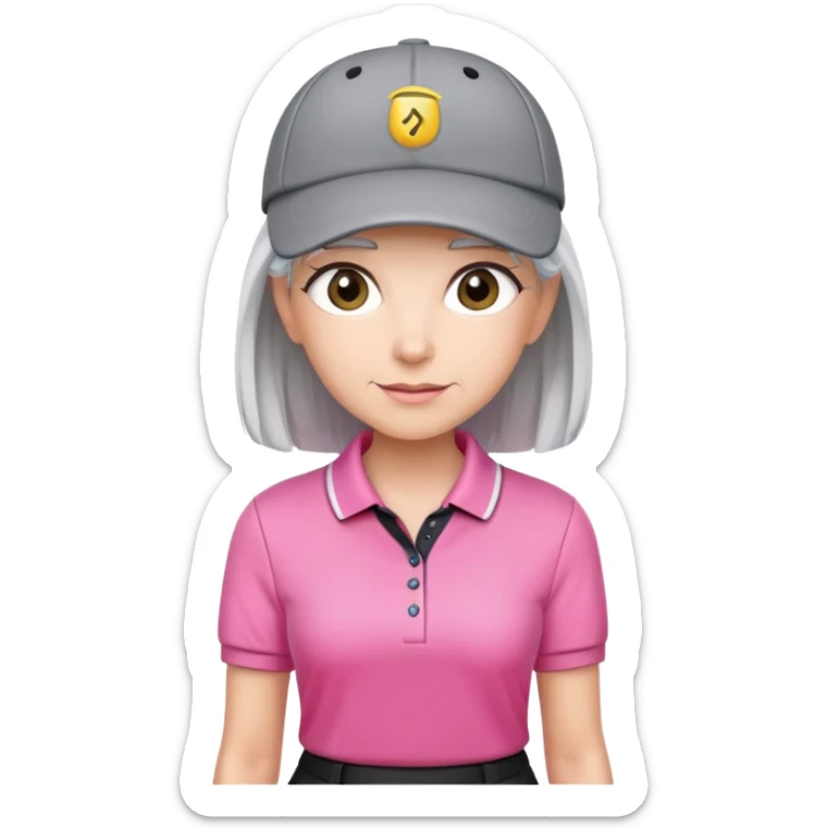 A female golfer with gray hair, pink polo shirt, a black skort, white cap sticker