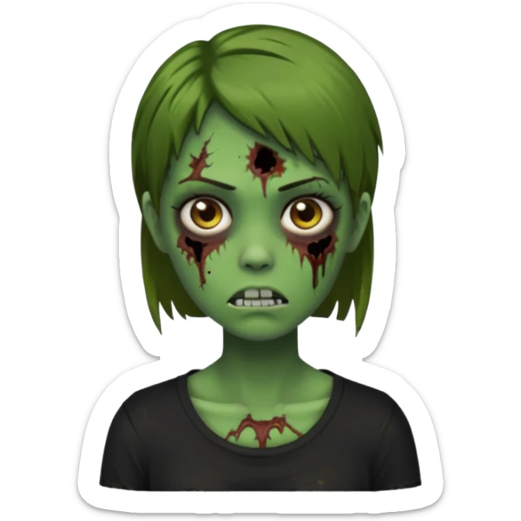 Zombie girl emoji verde com cabelo curto liso castanho no ombro com uma blusa preta sticker