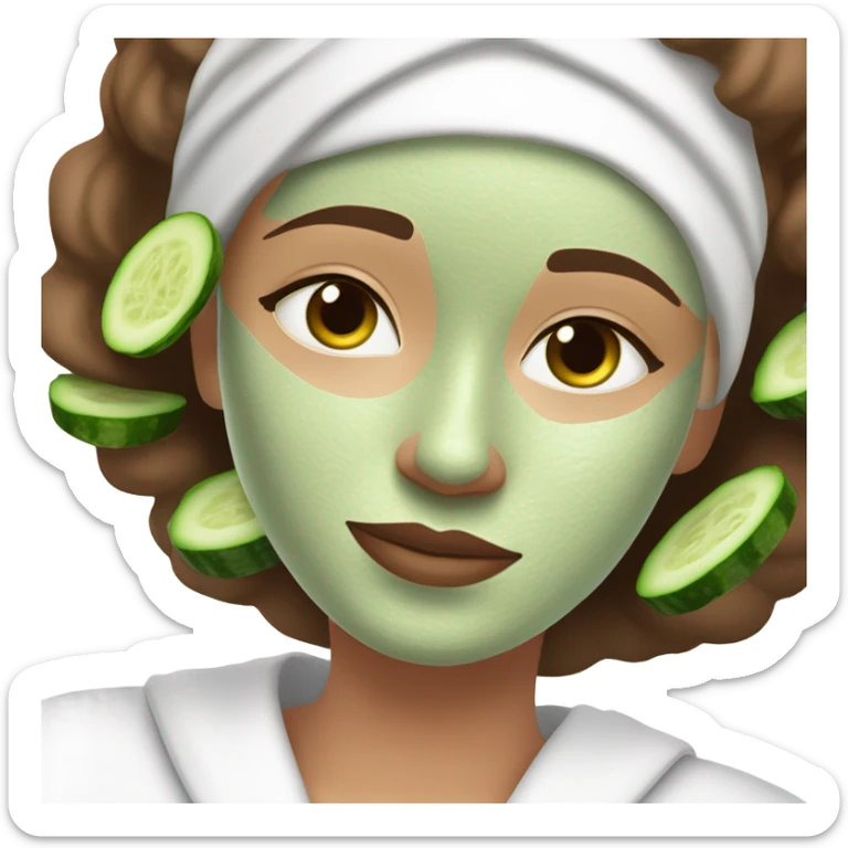 White girl with Brown hair and blue eyes wears a Green colored skincare clay textured mask and puts on cucumbers around her eyes while She relaxes in her white Robe sticker