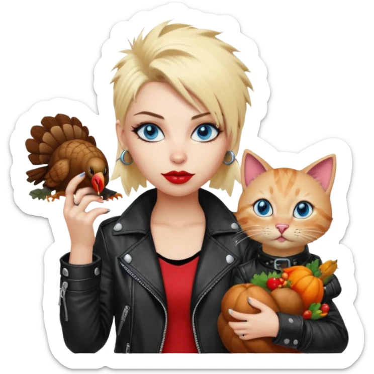 A blonde punk rocker woman with blue eyes with a thanksgiving turkey cat sticker