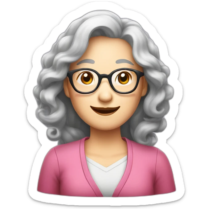 Chinese senior lady with long wavy hair wear glasses show thank you gesture sticker