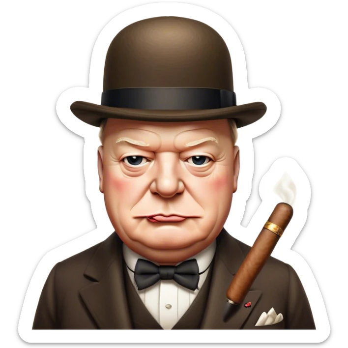Cinematic Realistic Winston Churchill Portrait Emoji, depicted as a resolute British statesman with a signature bowler hat and a cigar, exuding determined leadership and wartime valor, rendered with lifelike textures and dramatic vintage lighting that captures his iconic British spirit. sticker