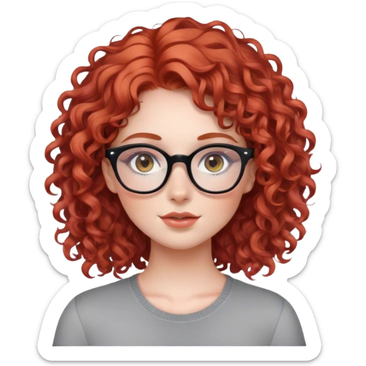 Beautiful girl with red curly hair, with gray eyes, in glasses, blush on sticker