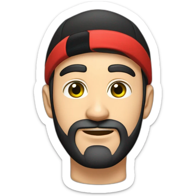 30-year-old man, dark brown beard, 10cm long, up to his nose, protruding ears, green eyes, beginning of unibrow, wearing black and red cap. sticker