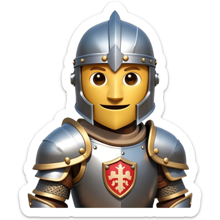 Clash of Clans style friendly Knight Portrait Emoji, With simple armored build featuring a gleaming suit adorned with simple heraldry and a covered fave behind a visored helm, his face rendered in a natural skin tone (not yellow), Simplified yet dynamic features, highly detailed, glowing with a cool, steely radiance, high shine, courageous and resolute, stylized with an air of chivalric valor, focused and stalwart, soft glowing outline, capturing the essence of a valiant knight ready to charge into epic quests with honor! sticker